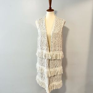 Topshop Cream Knitted Crochet Long Vest Cardigan Sweater